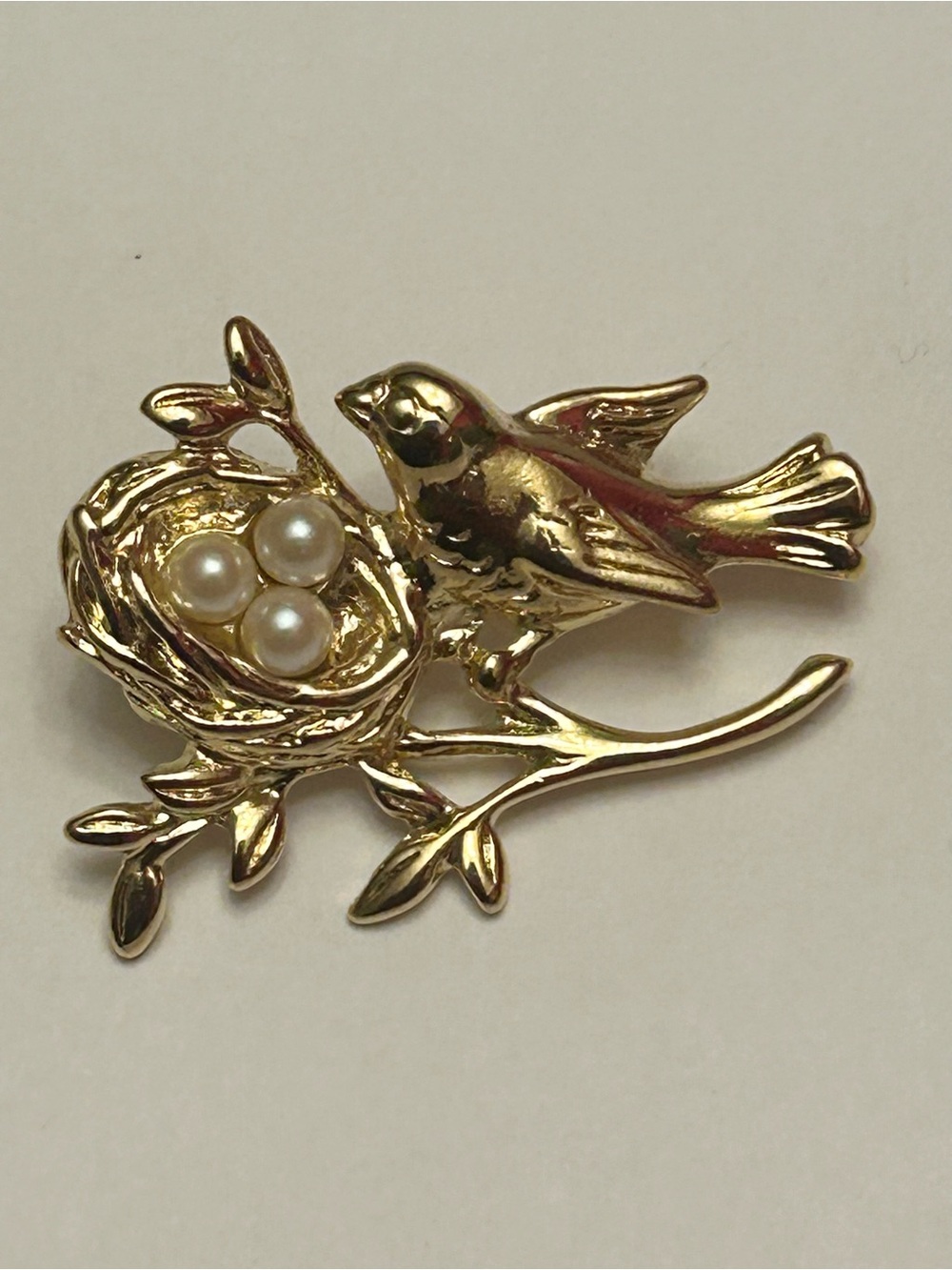 Bird and Nest Brooch Gold Tone with Faux Pearl Eggs